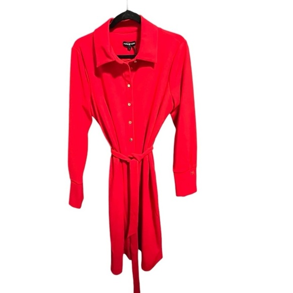 NWT Halston Red Long-Sleeve Scuba Crepe Belted Shirt Dress Sz 12 - Picture 8 of 9
